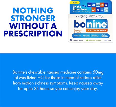 Bonine MAX Masticable para aliviar el mareo por movimiento, con Meclizine HCL 50 mg, fórmula de ...