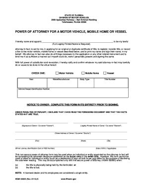 Bill Of Sale Form Florida Motor Vehicle Power Of Attorney Form | pdfFiller