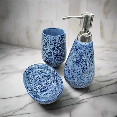 3 Piece Ceramic Set Blue (Black Printed) | Soap Dispenser, Soap Tray ...