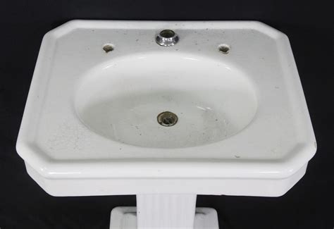 Antique Pedestal Sink in Earthenware with White Porcelain Glaze, Fluted ...