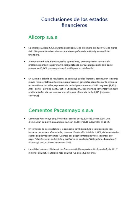 Conclusiones de los estados financieros - Conclusiones de los estados ...
