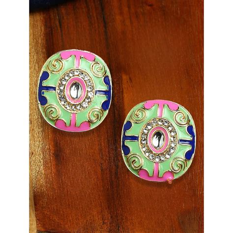 Buy OOMPH Mint Green and Pink Meenakari Enamel Enamel Stud Earrings Online