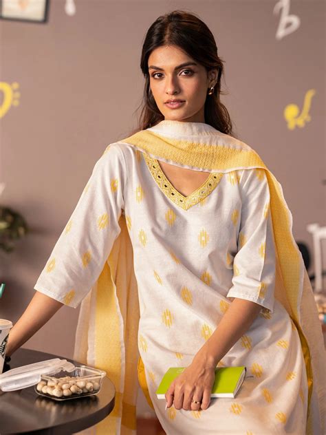 Buy Off white Woven Design Cotton Blend Straight Suit Set With Dupatta ...