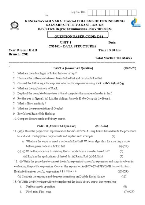 Data Structures Model Question paper - Reg No / Roll No RENGANAYAGI ...
