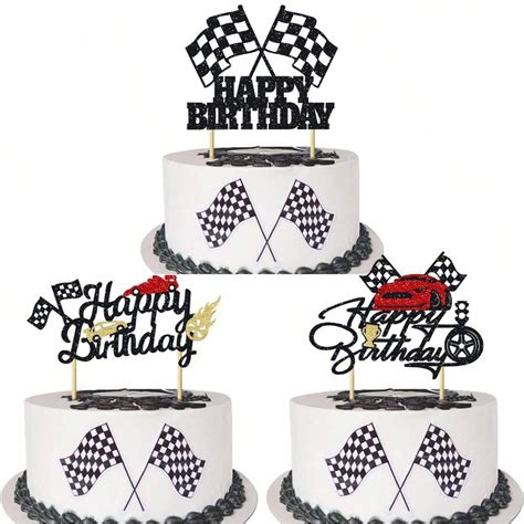 1Pc Race Car Happy Birthday Cake Topper Glitter Flag Trophy Racing Car ...