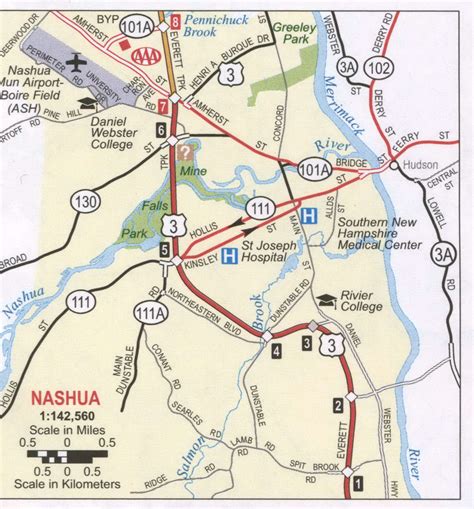 Nashua NH roads map, free map highway Nashua city surrounding area