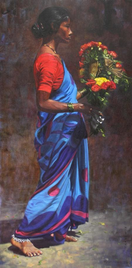 "Modesty": Red Oil Painting (44x18) by Vivek Vadkar – ArtZolo.com
