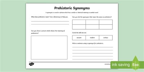 Prehistoric Synonyms Worksheet