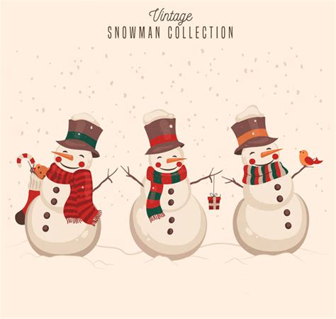 3款复古雪中的微笑雪人矢量-矢量节日素材-素彩网