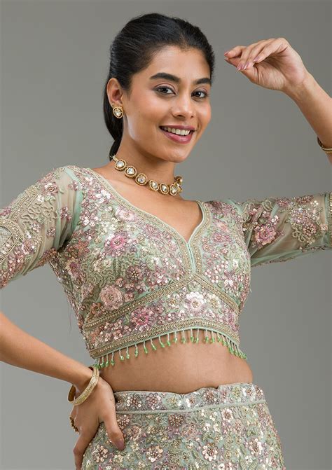 Buy Sea Green Zariwork Tissue Semi Stitched Lehenga - Koskii