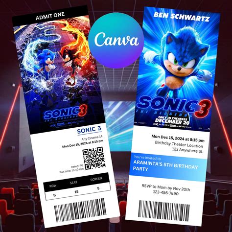 Editable Sonic 3 Movie Ticket Birthday Invitation, Editable Sonic 3 ...
