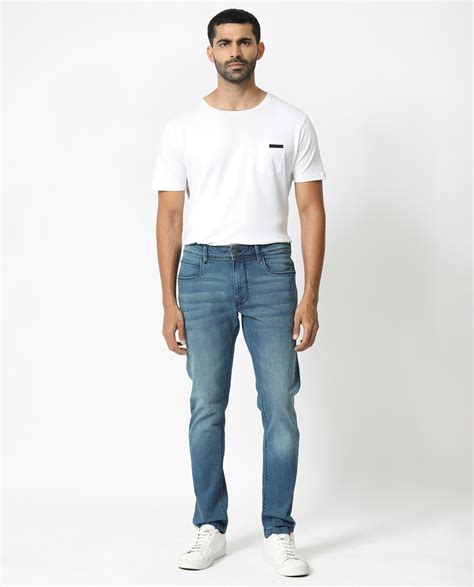 Rare Rabbit Men's Night Dusky Blue Cotton Plain Hawk Slim Fit Jeans