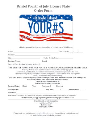 Fillable Online Bristol Fourth of July License Plate Order Form Fax ...