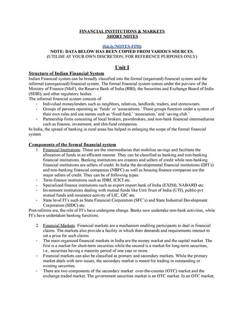 Financial Institution Markets - Short Notes - FINANCIAL INSTITUTIONS ...