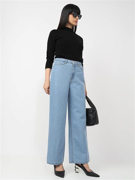 Buy Women Light Blue High-Rise Wide Leg Shimmer Jeans | Kraus Jeans