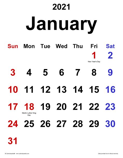January 2021 Calendar | Templates for PDF, Excel and Word