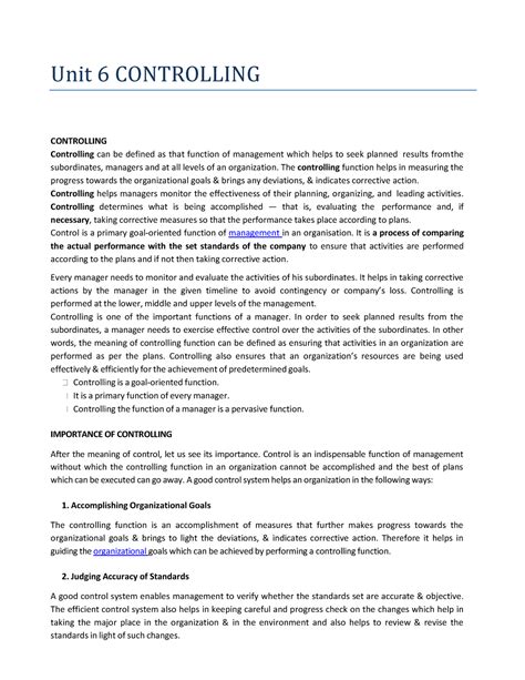 Unit 6 Controlling - Unit 6 CONTROLLING CONTROLLING Controlling can be ...
