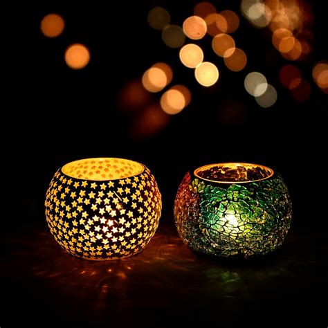 Buy eCraftIndia Set of 2 Mosaic Glass Decorative Tea Light Candle ...