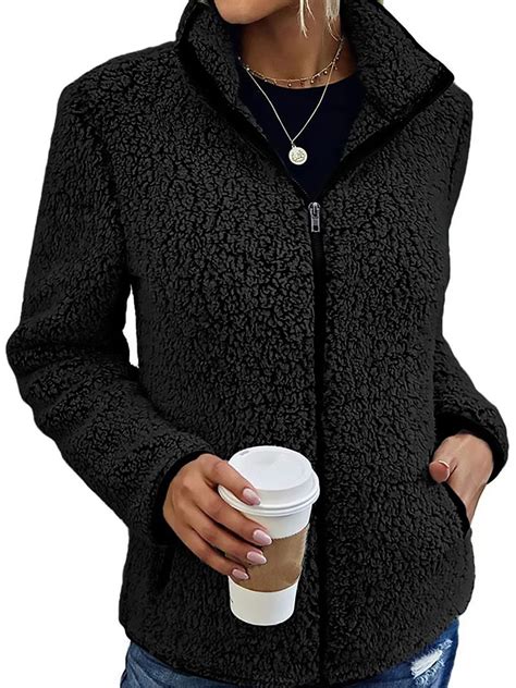 Capreze Women Sherpa Fleece Jacket Full Zipper Faux Fuzzy Casual Bomber ...
