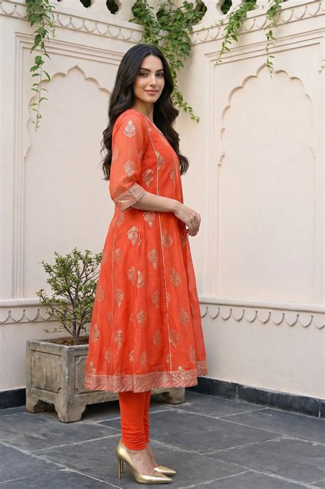 Buy Red Floral Printed Foil Print Anarkali Kurta with Tights and ...