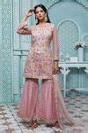 Buy Peach Net Embroidery Split V-neck Floral Kurta Sharara Set For ...
