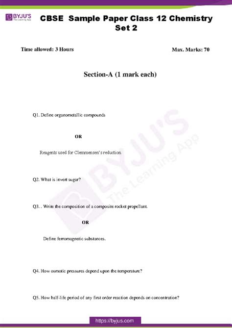 CBSE Sample Paper Class 12 Chemistry Set 2 - Time allowed: 3 Hours Max ...