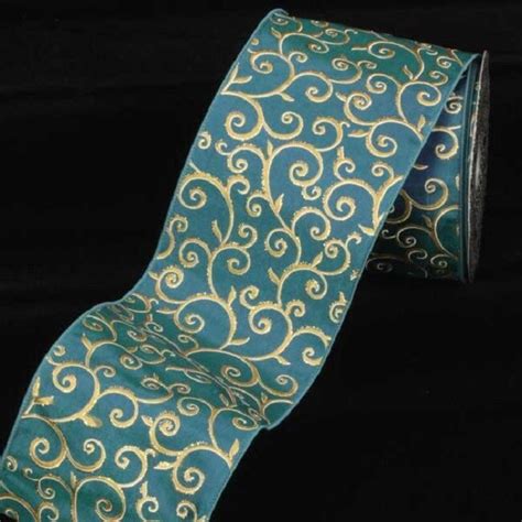 The Ribbon People Blue Taffeta Gold Swirl Wired Decorative Ribbon 4 ...