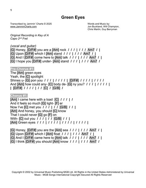 Green Eyes (arr. Jammin' Charts) by Coldplay Sheet Music for Guitar ...