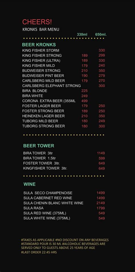 Menu at Kronks - Lounge Bar, Navi Mumbai