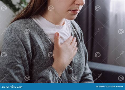 Close Up of Ill Sad Young Caucasian Woman Putting Hand on Chest, Feels Discomfort. Having Pain ...