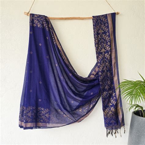 JAMDANI-Jamdani Royal Blue With Copper Zari Border And Motifs Saree ...