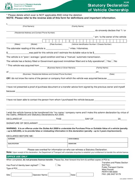 Fillable Online transport wa gov self declaration form for vehicle ...