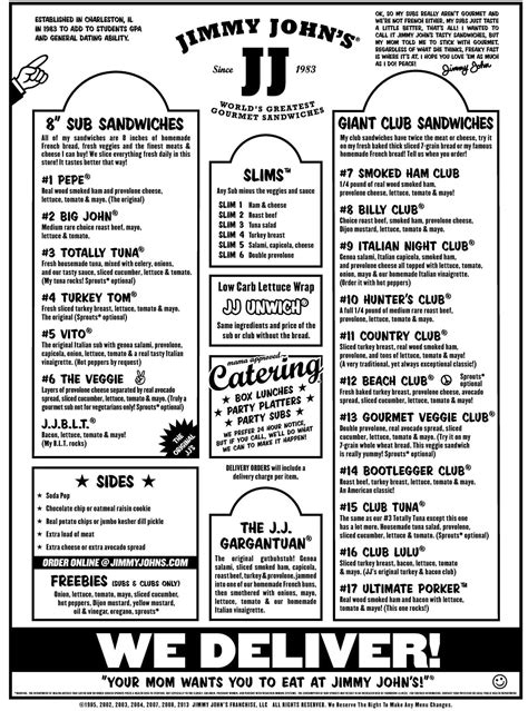 Printable Menu Jimmy Johns - Printable Sight Words List