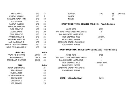 Menu at Hotpot Tiffin, Kolkata