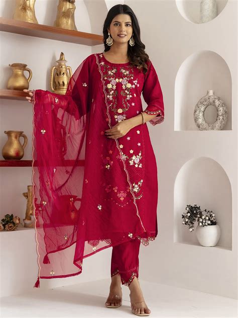 Buy Red Floral Embroidered Viscose Pant Suit From Ethnic Plus