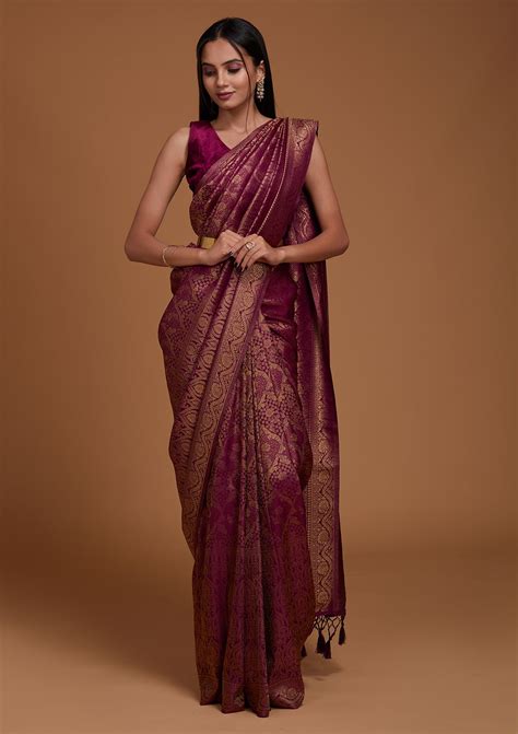Buy Wine Zariwork Banarasi Saree - Koskii