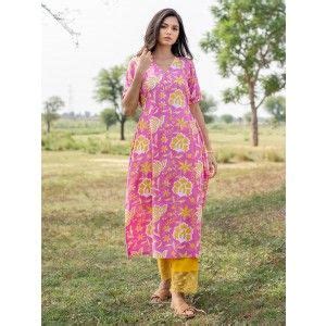 Buy Pink Hand Block Printed Cotton A-Line Kurta with Yellow Pants- Set ...