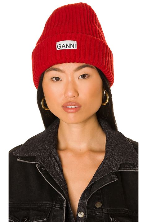 Ganni Rib Knit Beanie in High Risk Red | REVOLVE