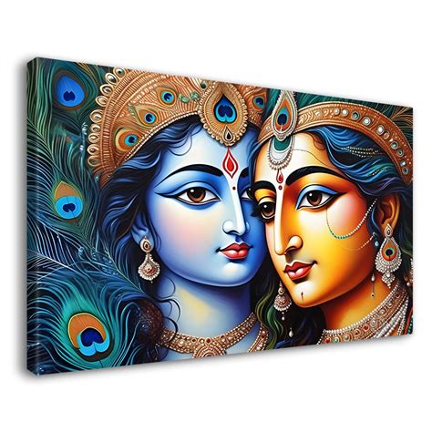 Blue face of Krishna and Radha with peacock feather background paintin ...