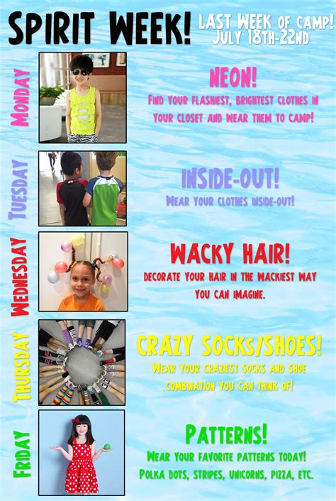 Last Week of Camp = Spirit Week! — Art Trek | School spirit week ...