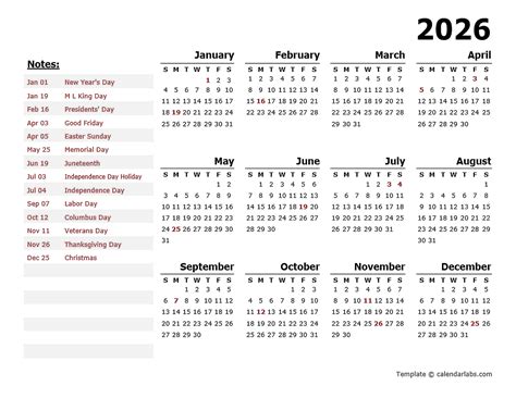 2026 Yearly Calendar Template With US Holidays - Free Printable Templates