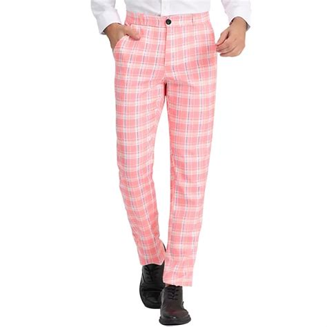 Mens Plaid Regular Fit Flat Front Classic Elastic Waist Suit Pants