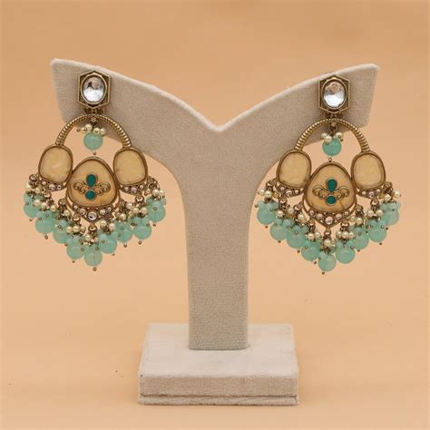 Turquoise Chandbali with White stone and Pearls – Kimikii Jewellery
