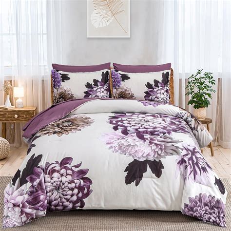 Amazon.com: DJY Purple Comforter Set King, 7 Piece Floral Comforter Set ...