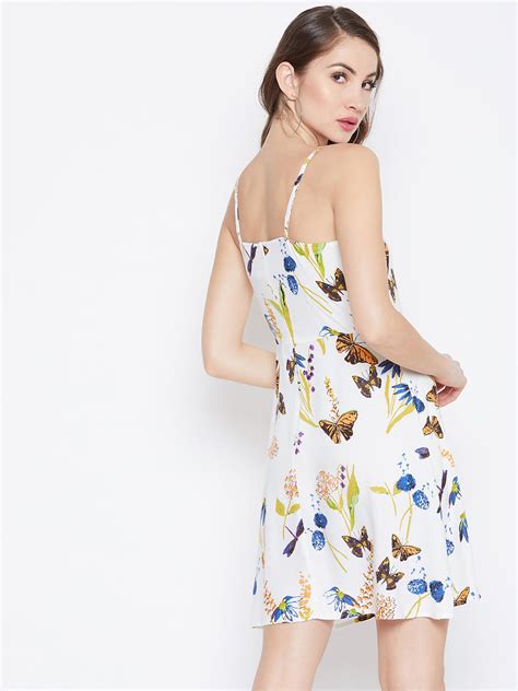 Berrylush Women White Floral & Butterfly Printed Square Neck Fit & Fla