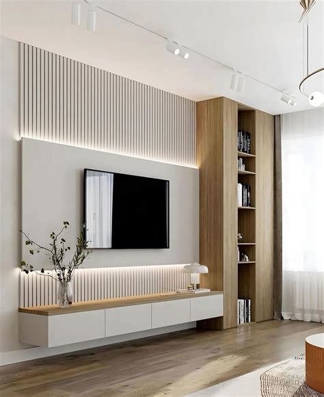 Minimalist TV Unit with Slatted Wall and Built-in Shelving