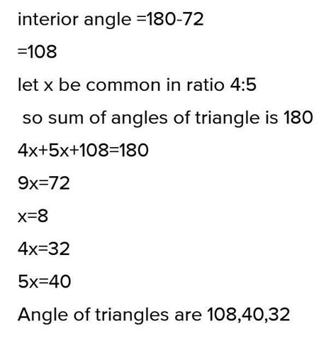 one of the exterior angle of the triangle is 72° and its interior ...