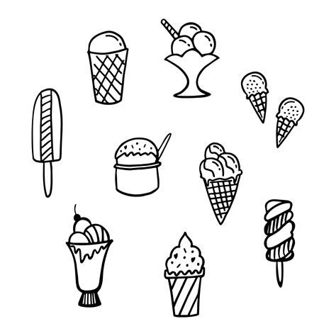 Ice cream line doodle set. Nine different ice cream popsicle, gelato ...
