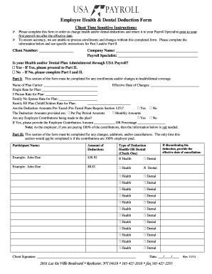 Fillable Online Employee Health Dental Deduction Form - USA Payroll Fax ...