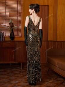 1920s Vintage Flapper Sequin Beads Dresses Plus Size Black With Gold ...